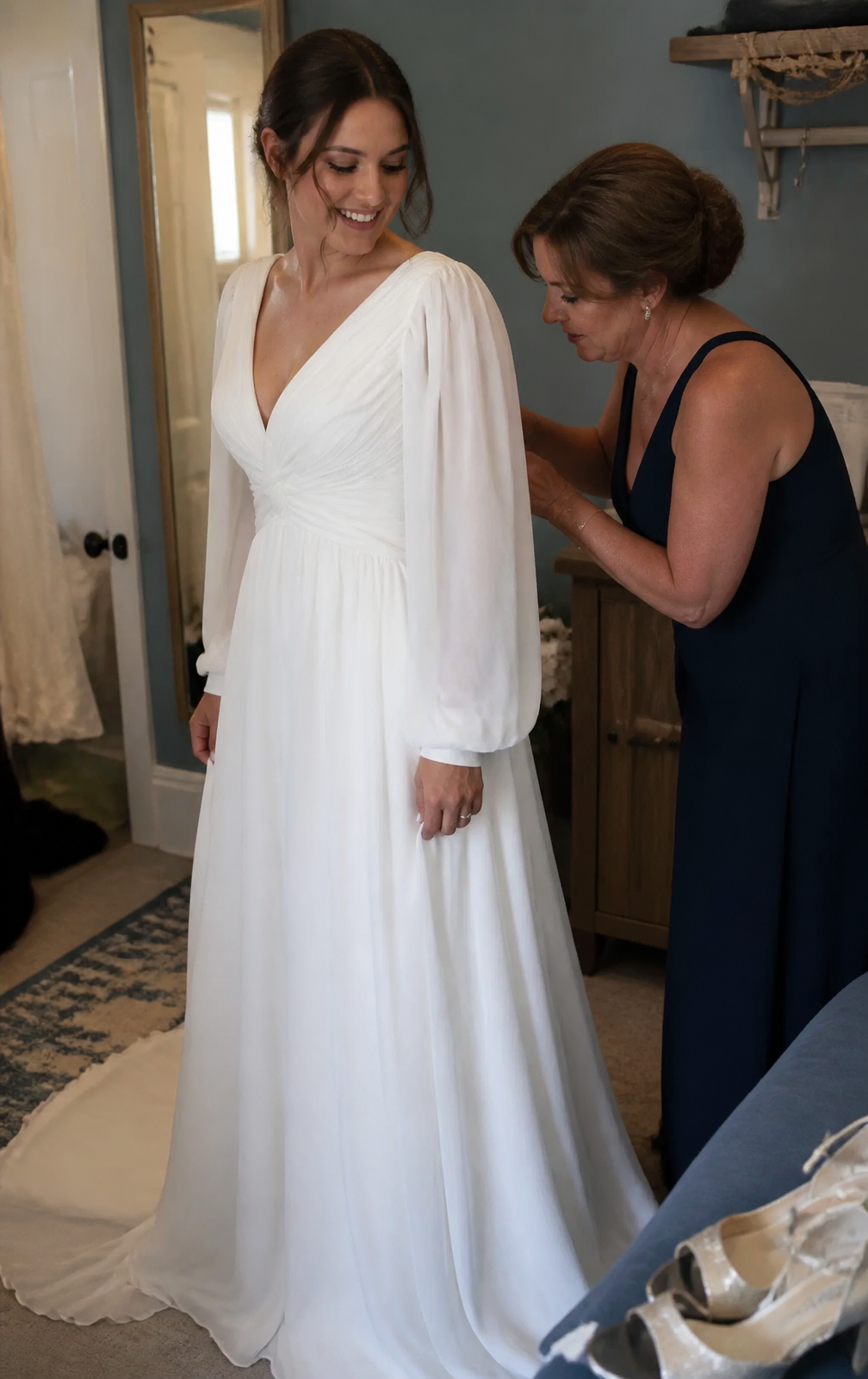 Simple Chiffon A-Line Long Sleeve Summer Wedding Dress Destination V-neck Knot Waist Pleated Gown
