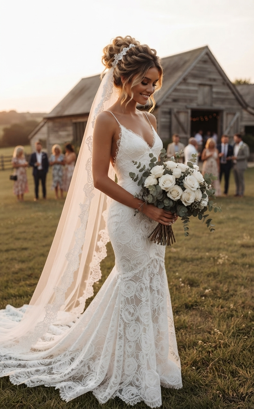 Country Boho Lace Barn Summer Wedding Dress Destination Sexy Spaghetti V-Neck Mermaid Bridal Gown