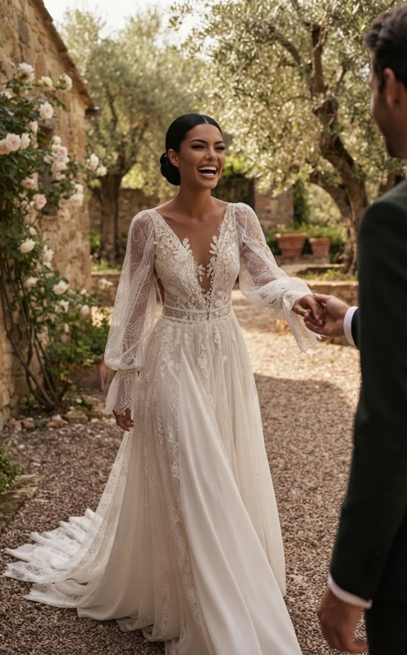 Ethereal Bohemian Lace A-Line Western Summer Wedding Dress Beach Romantic Long Sleeve Plunging Neckline Bridal Gown