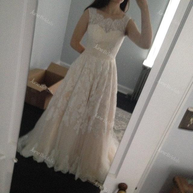 Ivory a Line Champange Blush Lining Lace Wedding Dress With Illusion Neckline