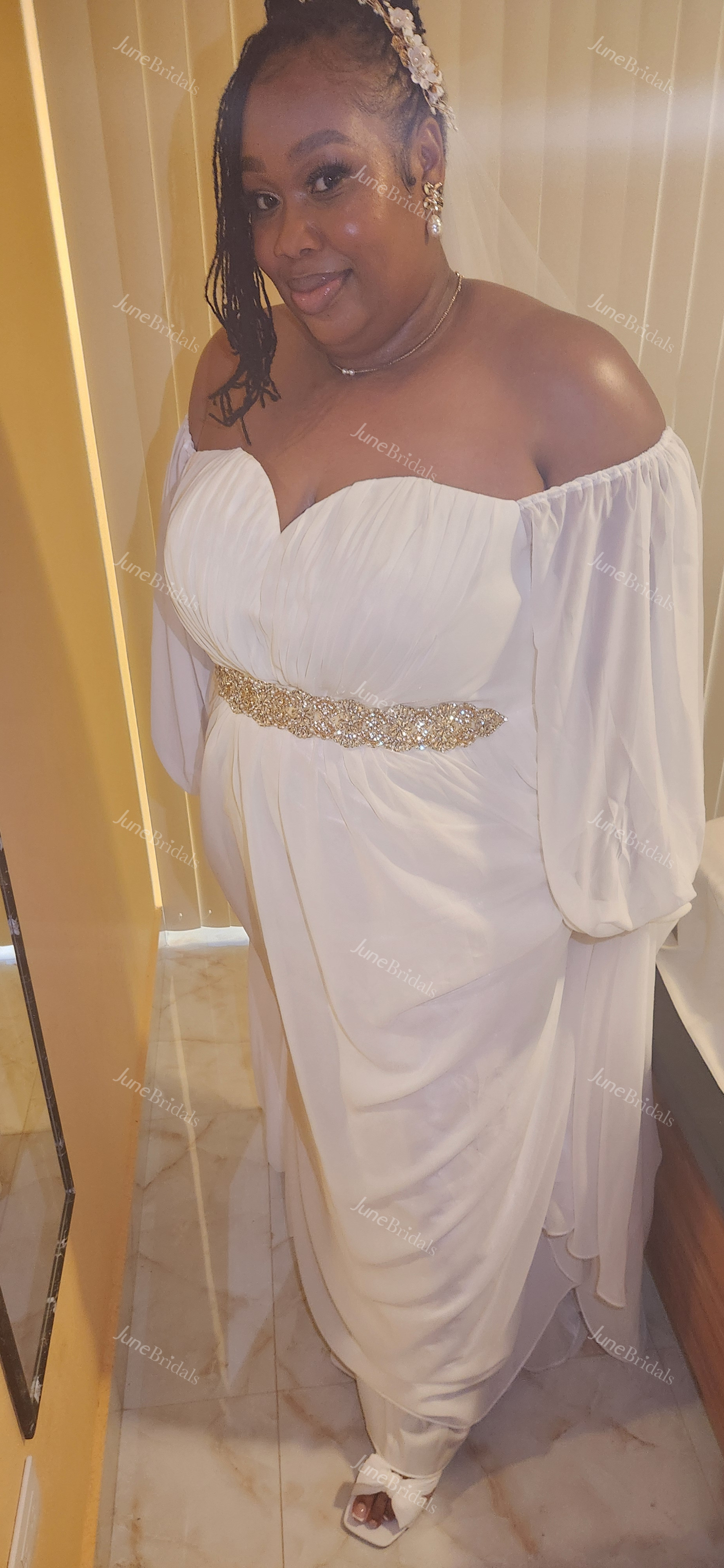 Modern A Line Floor-length Court Train Chiffon Off-the-shoulder Long Sleeve Autumn Wedding Dress Destination