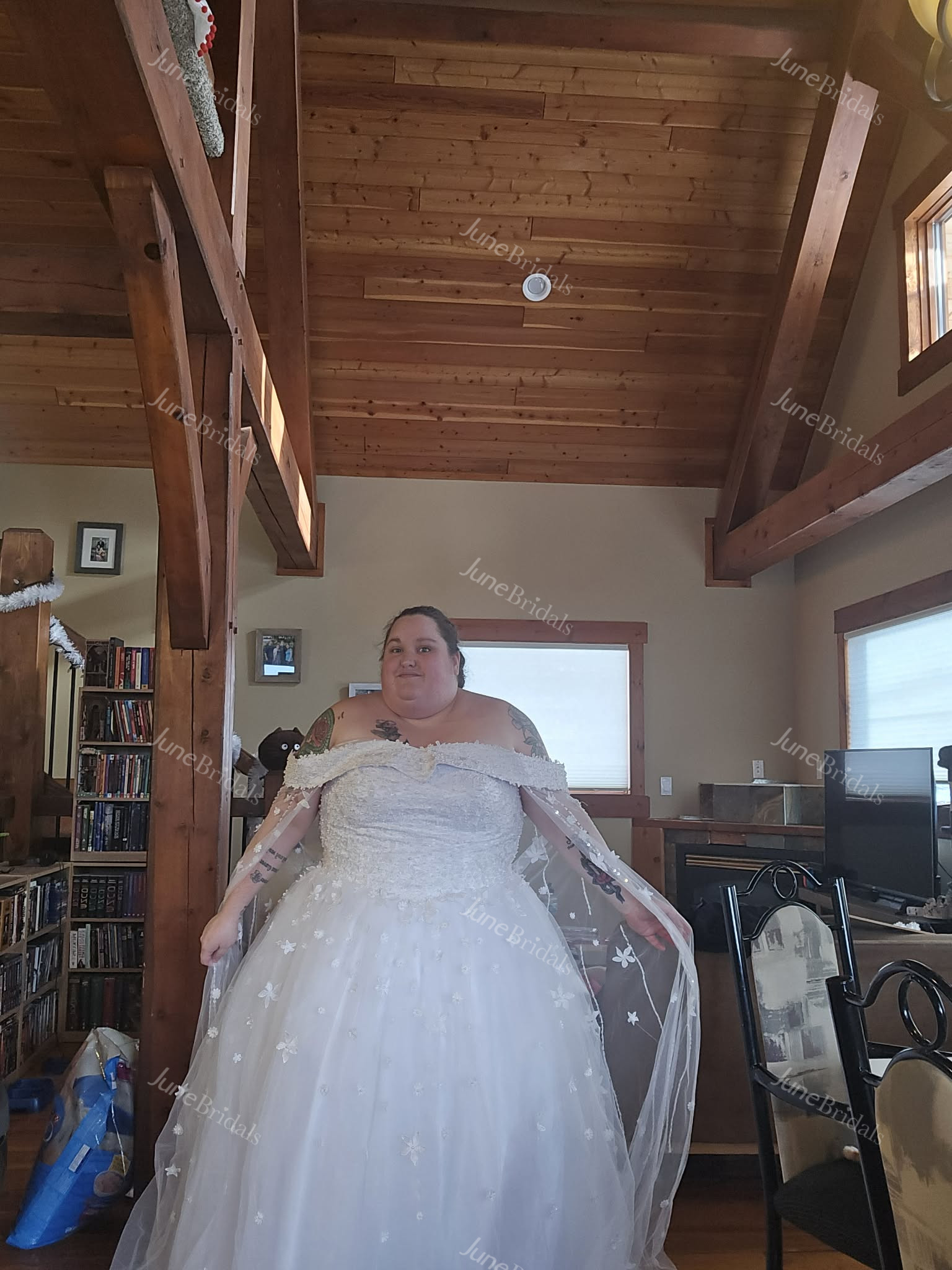 Princess Sparkly Blue A-Line Off-the-Shoulder Lace Wedding Dress Beach Modest Unique Fairy Tied Back Bridal Gown with 3D Floral Appliques