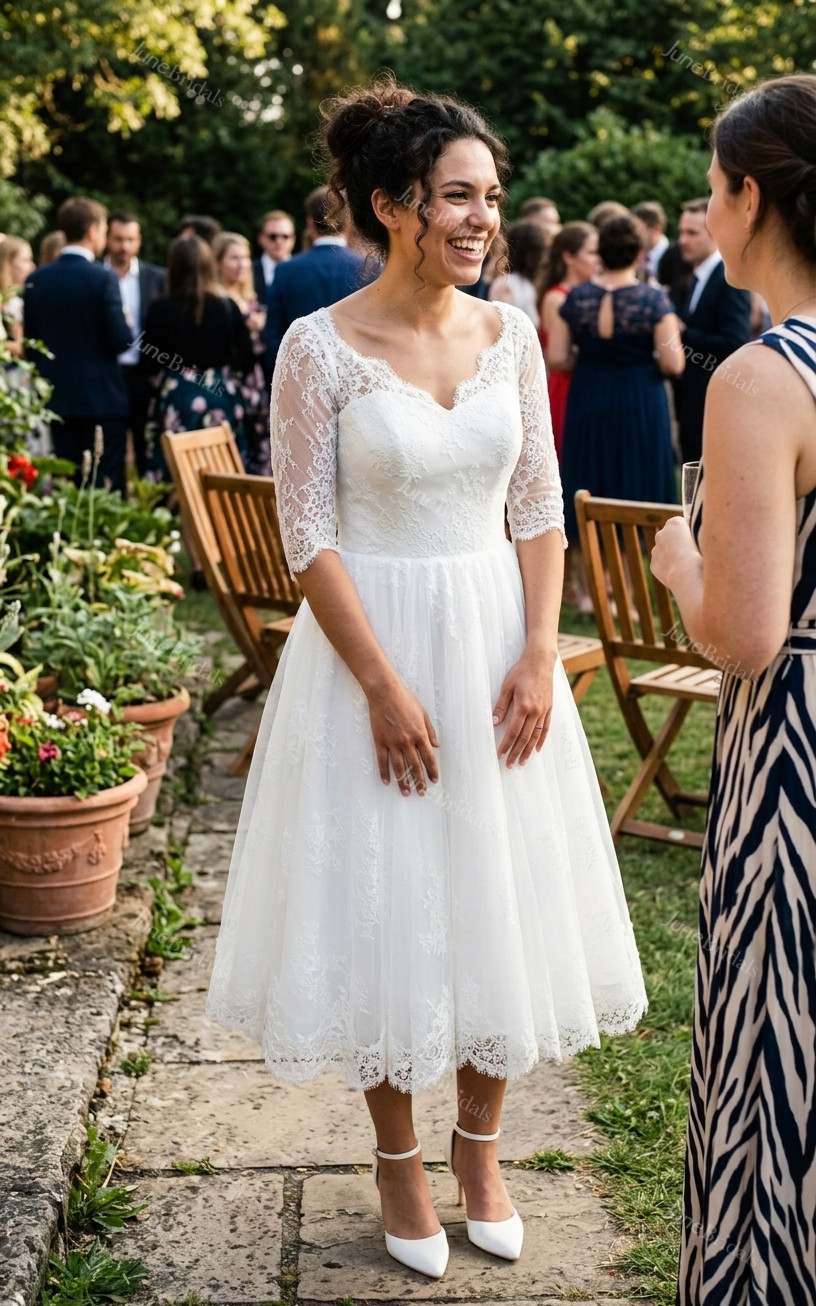 Vintage Tea-Length Lace Fall Wedding Dress - Modest A-Line Half Sleeves Midi Bridal Gown for Civil Ceremonies