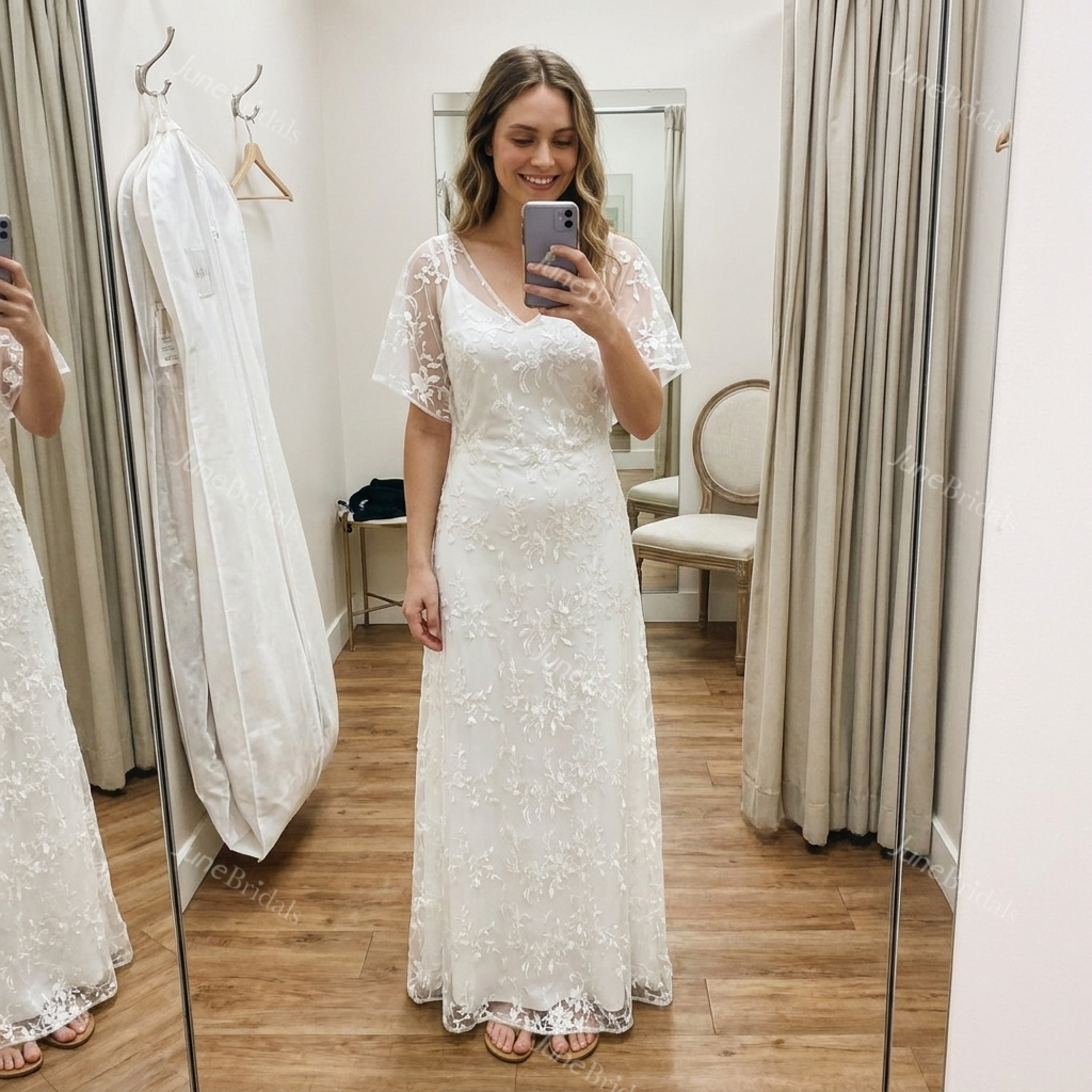 1920s Vintage Flutter Sleeves Summer Wedding Dress Beach Two-Piece Lace Boho V-Neck Bridal Gown