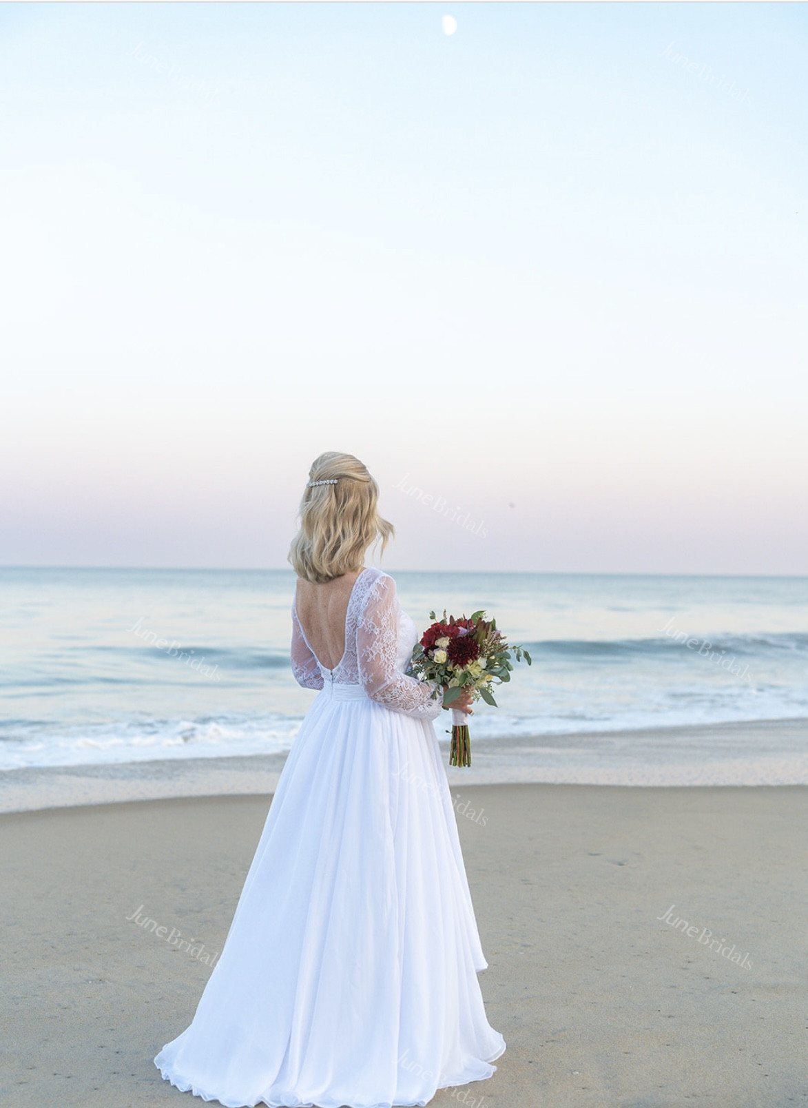 Casual Lace Bateau A Line Tulle Floor-length Long Sleeves Fall Wedding Dress Beach with Split Front and Pleats
