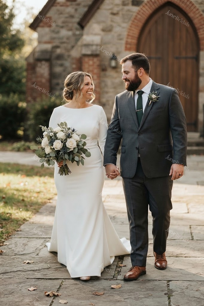 Modest Long Sleeve Formal Fall Wedding Dress Minimalist White LDS Bridal Gown