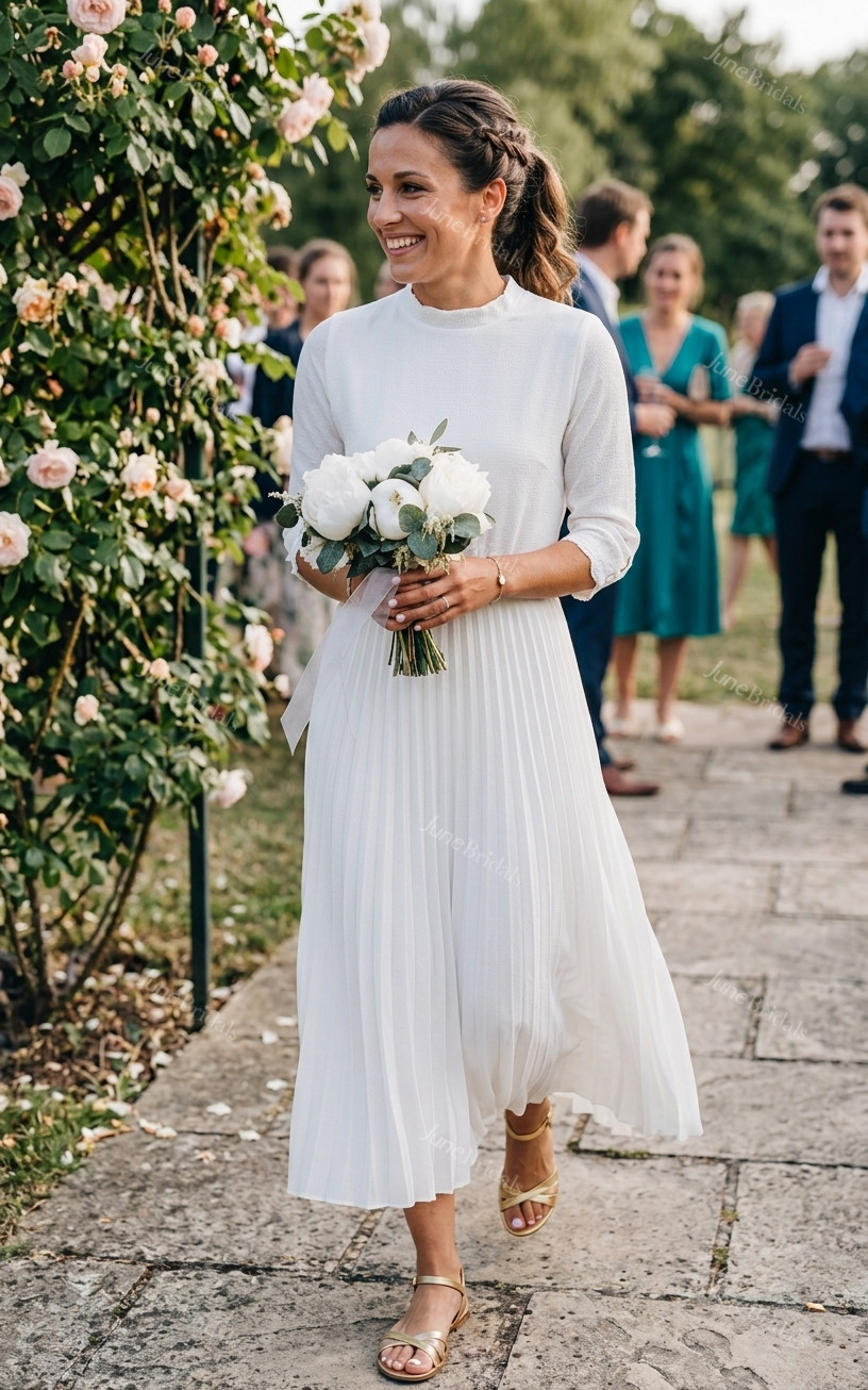 Simple Midi A-Line Half Sleeves Fall Wedding Dress Destination Modest Pleated Civil Gown with Open Back
