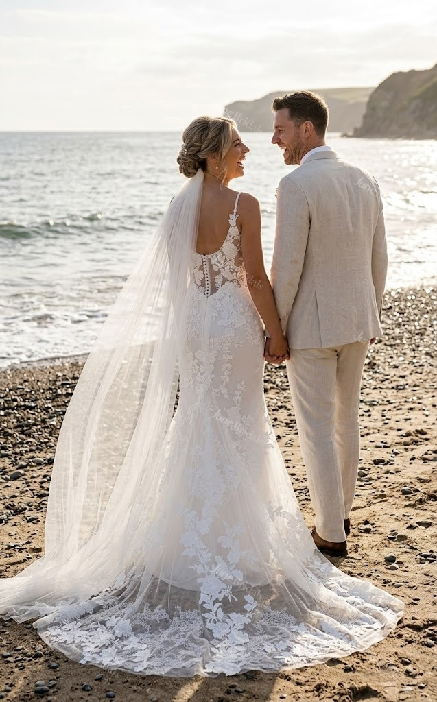 2026 Modern Lace Boho Summer Wedding Dress Destination White Mermaid Floral Sexy Spaghetti Bridal Gown