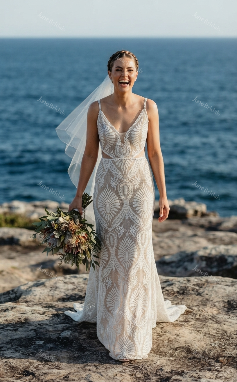 Beach Boho Lace Sheath Summer Wedding Dress Sleeveless Elopement with Open Back