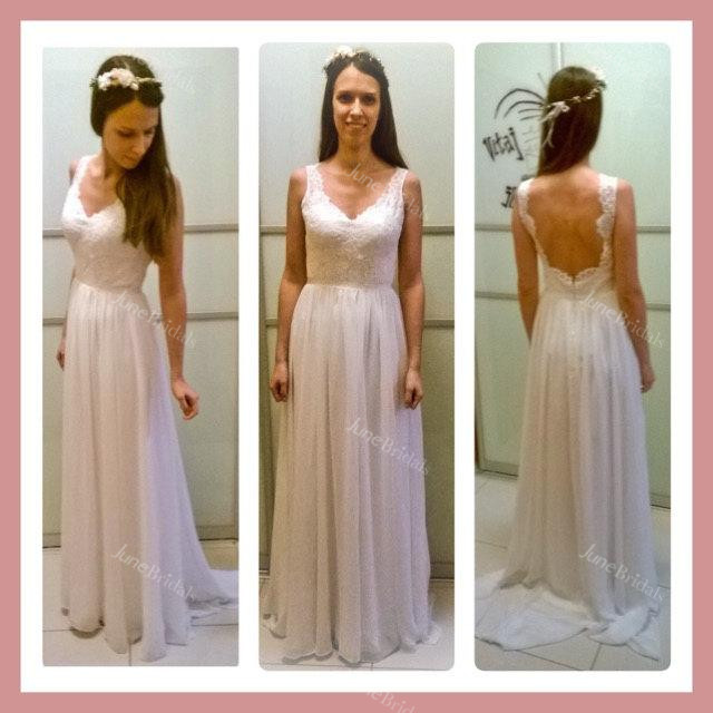 V-Neck Sleeveless Long Chiffon Wedding Dress With Sash And Deep-V Back