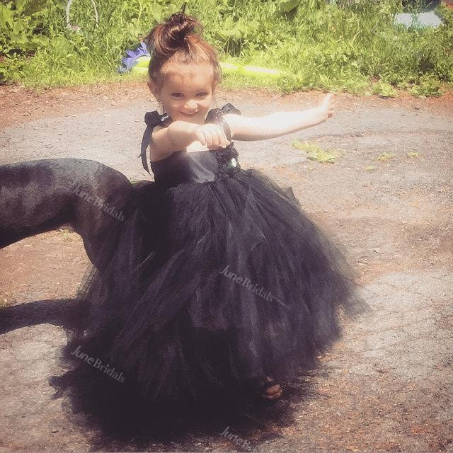Bow Strap Ruffled Black Flower Girl Tutu Dress With Flower