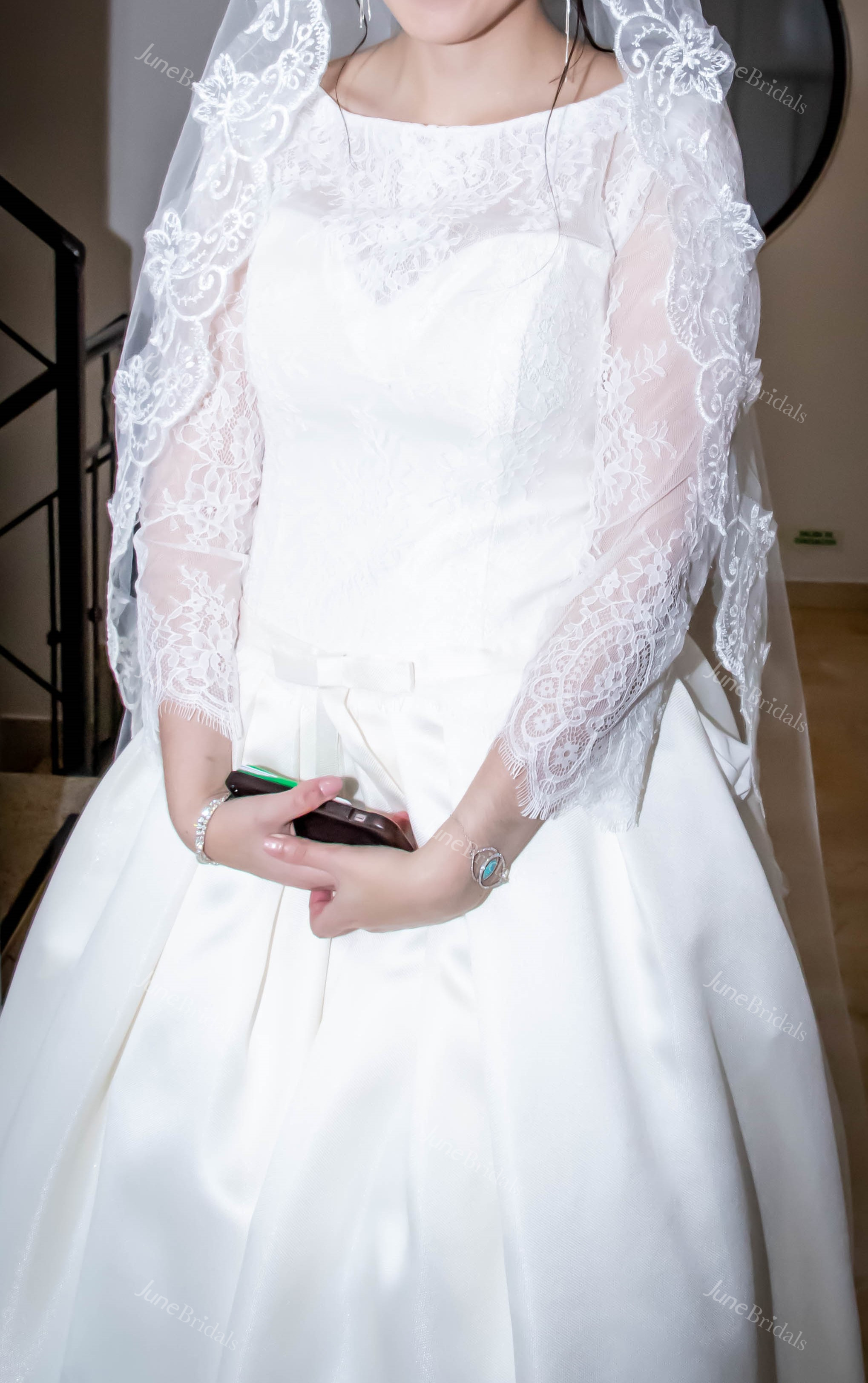 Illusion Neck and Back Dropped-Waistline Sation Gown With Lacy Bodice