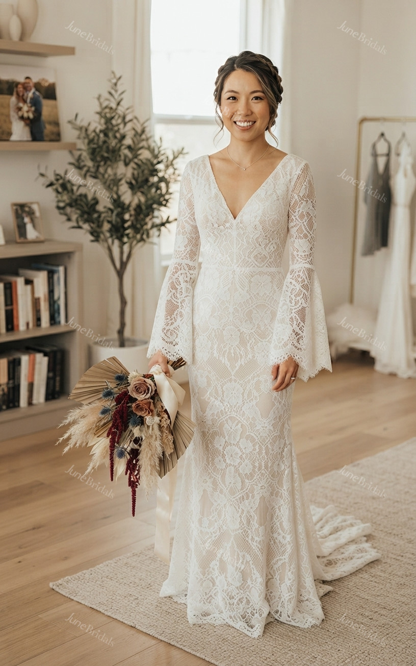 Boho Lace Bell Long Sleeve Fall Wedding Dress Beach Mermaid V-Neck Western Bridal Gown