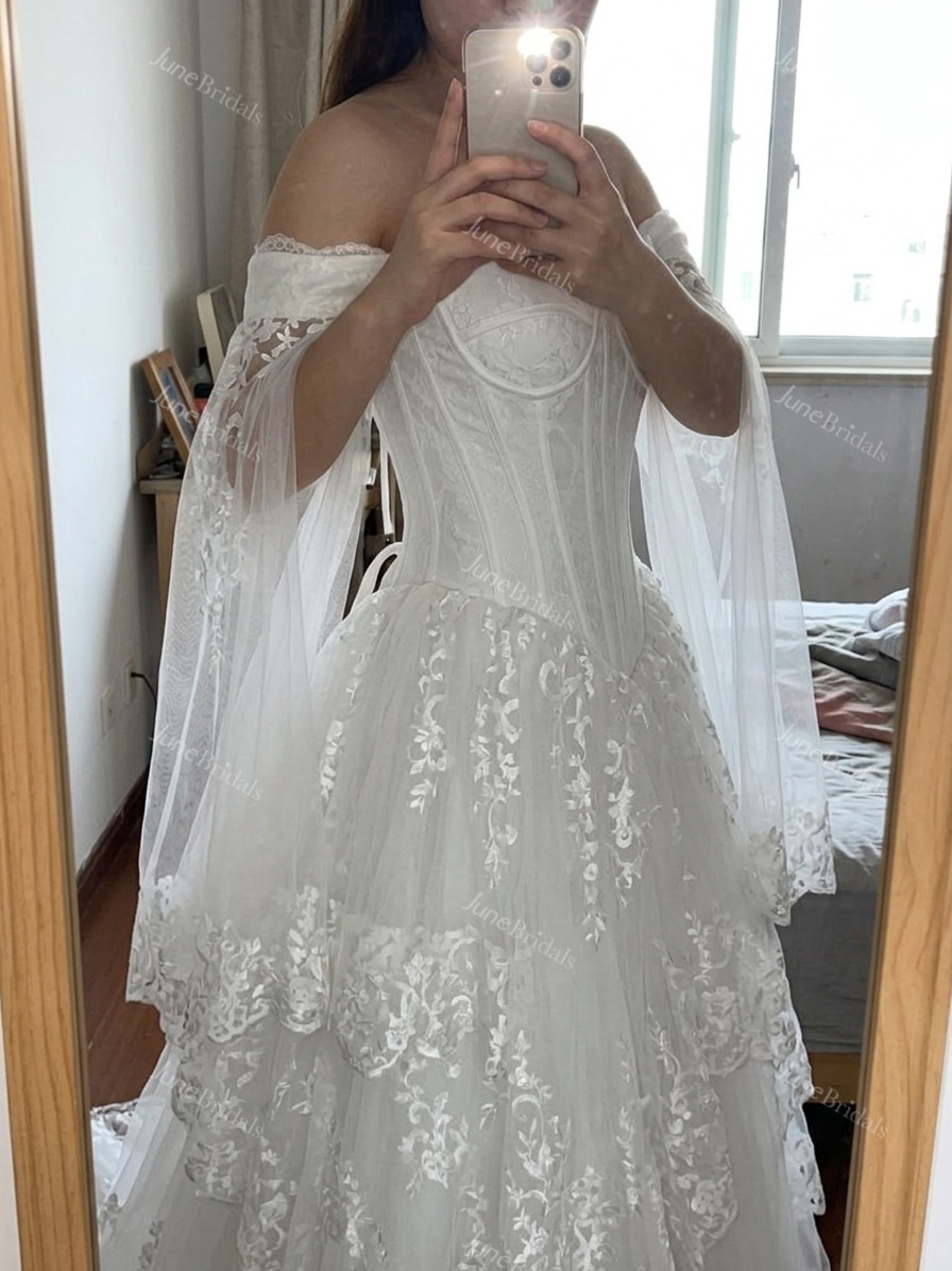 Victorian Off-the-Shoulder Lace Wedding Dress - Ethereal Basque Waist Corset Princess Gown