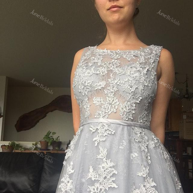 Gray Blue Lace Wedding Dress