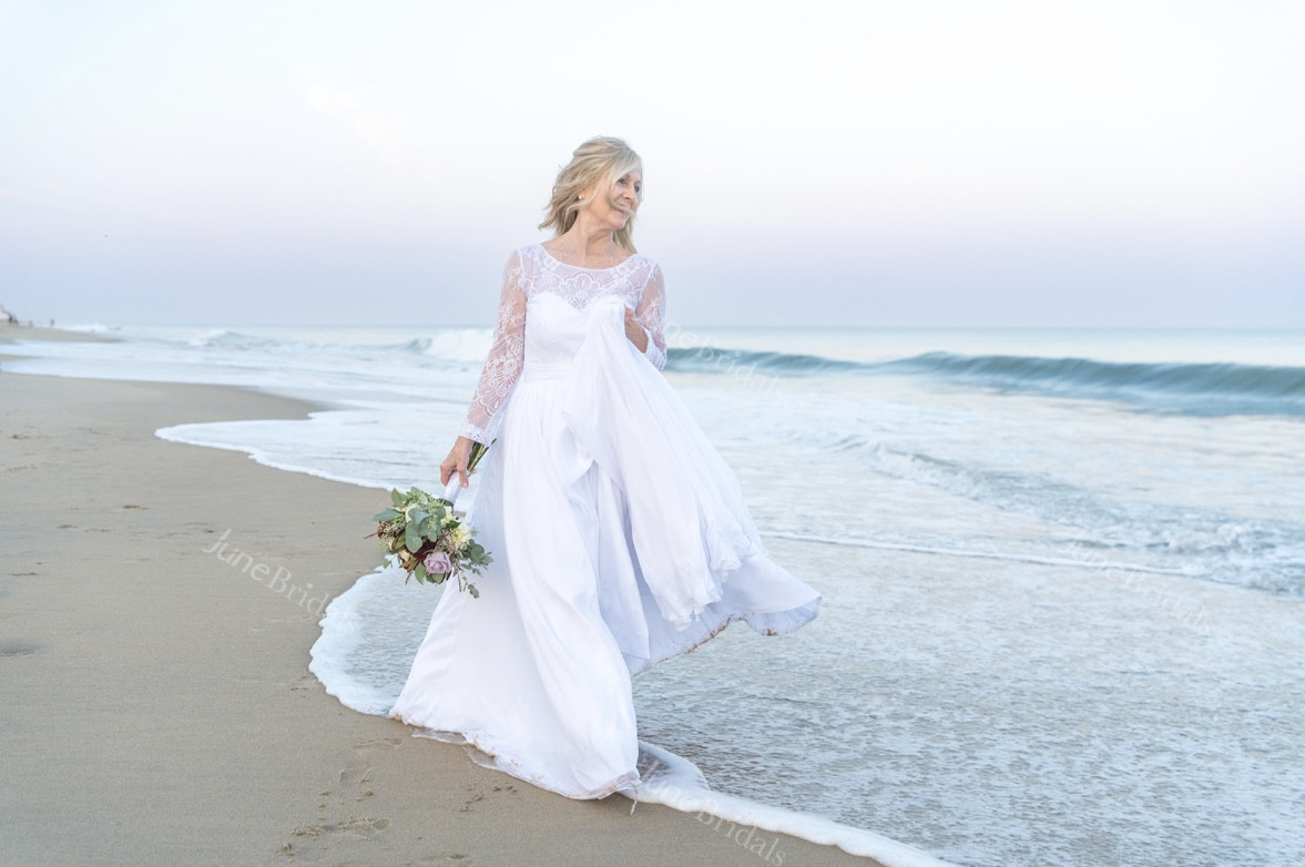 Casual Lace Bateau A Line Tulle Floor-length Long Sleeves Fall Wedding Dress Beach with Split Front and Pleats