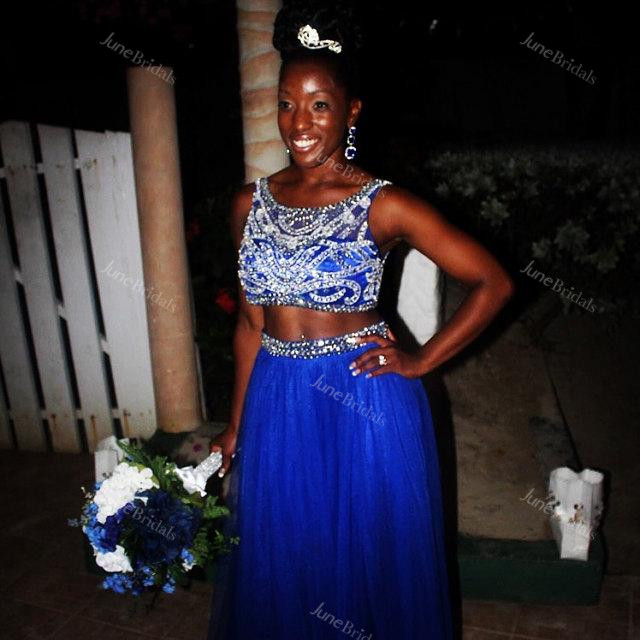 Bateau-neck Two Piece Tulle Prom Dress With Beading